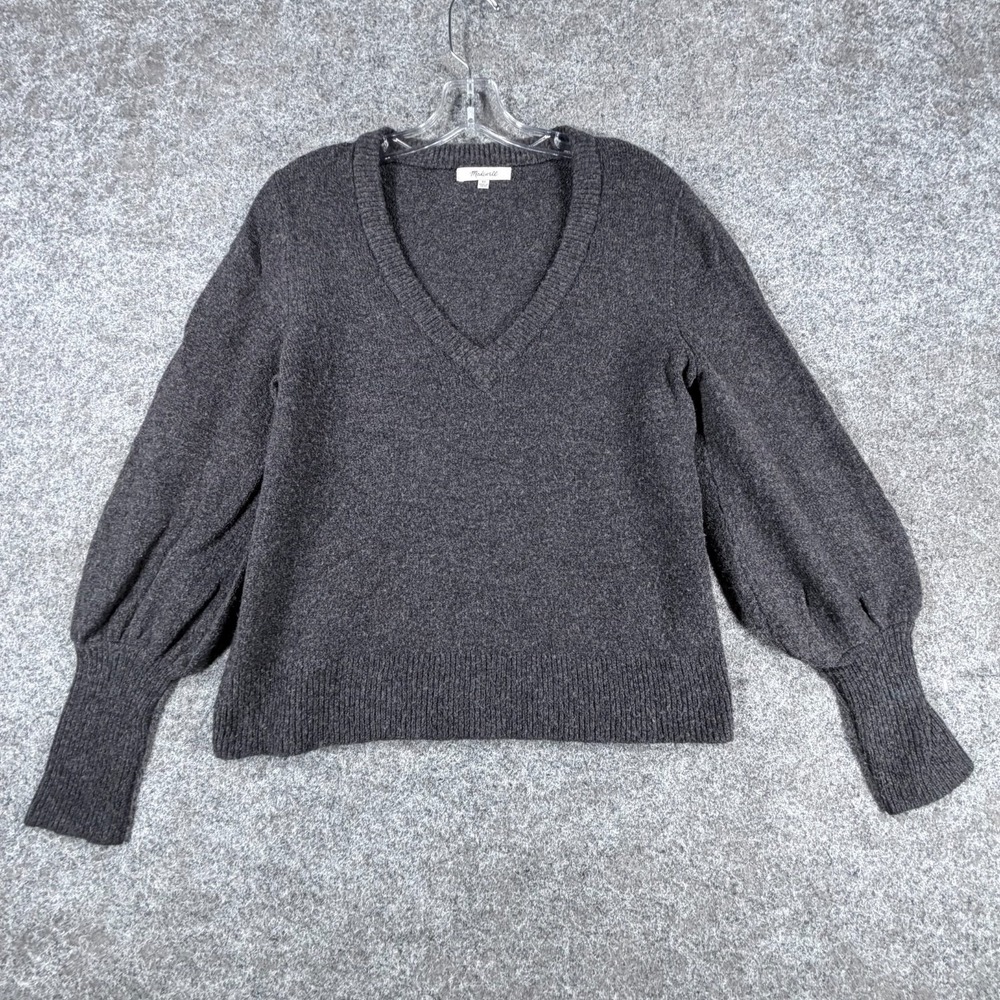 Madewell Dashwood V-neck Sweater Womens XS Black Knit Modern‎ Balloon Sleeve